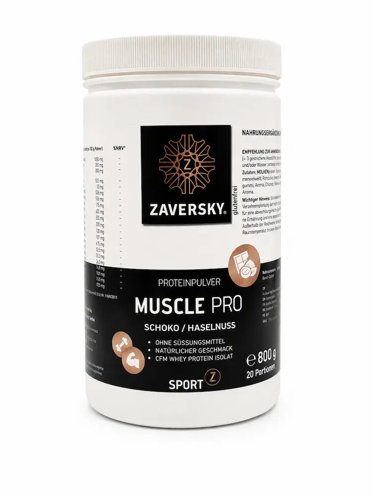 Zaversky Muscle Pro Proteinpulver Schoko/Haselnuss in weißer Dose, 800 g, CFM Whey Protein Isolat, ohne Süßungsmittel, glutenfrei
