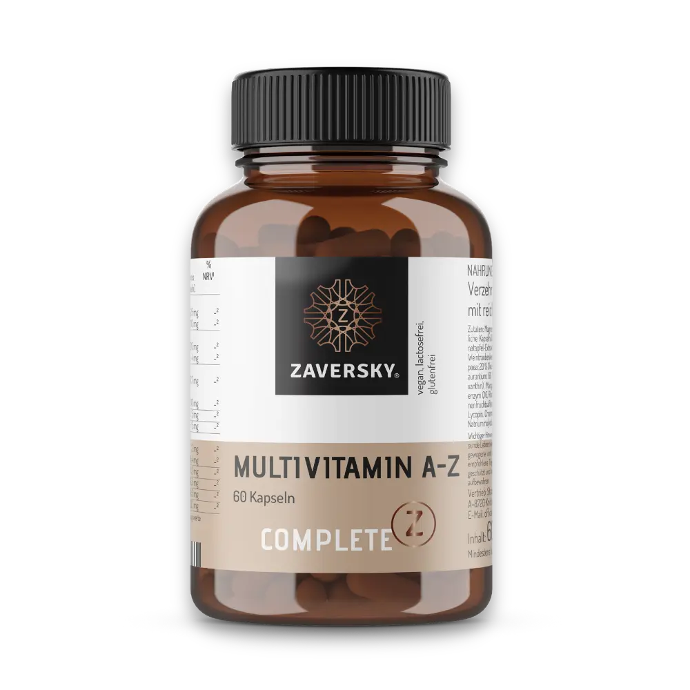Complete Z Multivitamin A-Z von Zaversky, braune Kapseldose mit schwarzem Deckel und beigem Etikett, 60 Kapseln