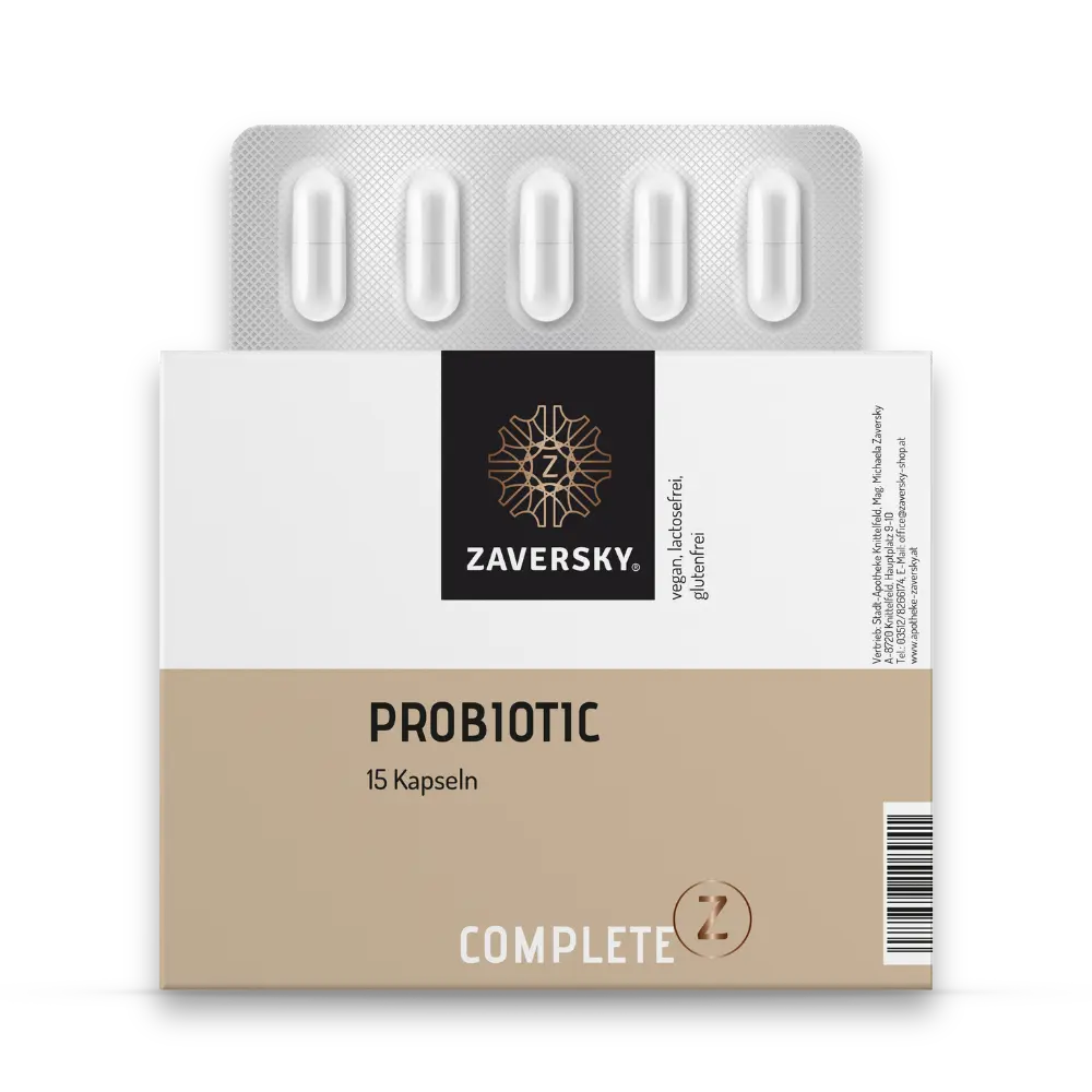 Complete Z Probiotic von Zaversky, beige-weiße Faltschachtel mit sichtbarem Kapsel-Blister, 15 Kapseln
