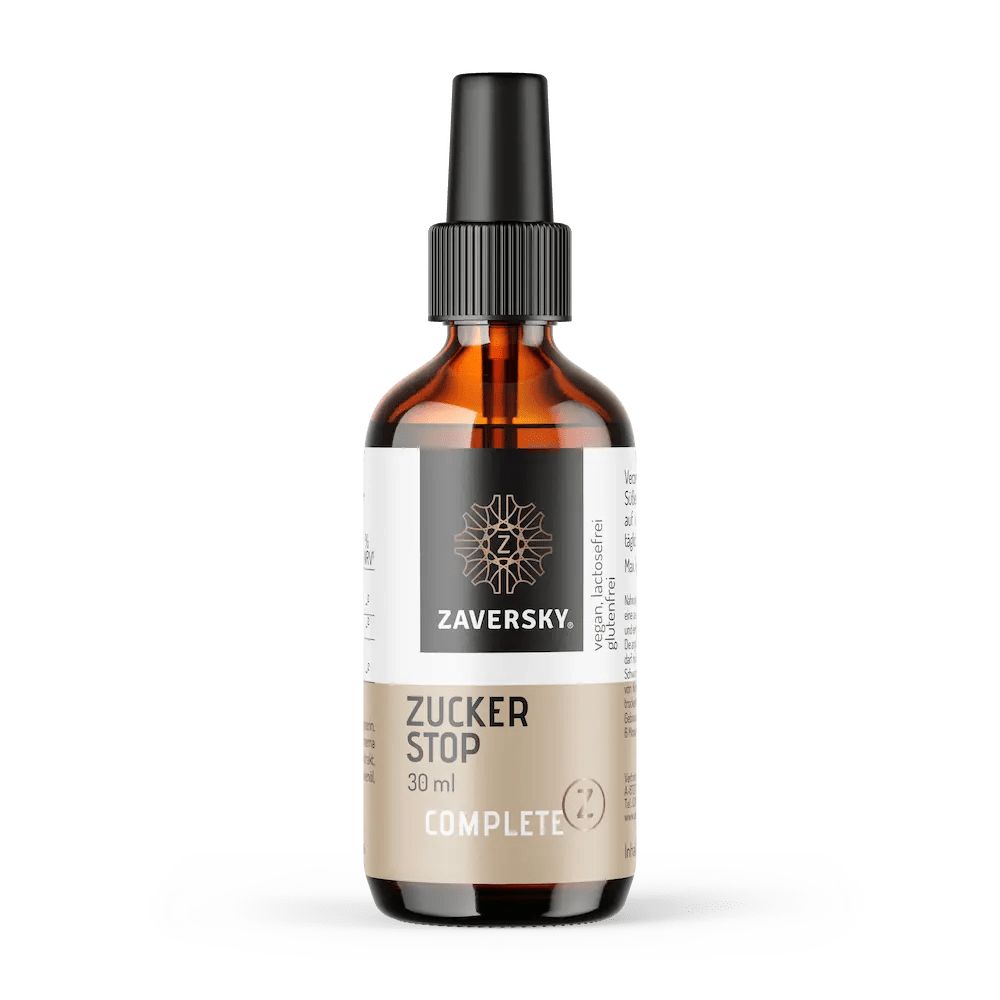 Zaversky Zucker Stop Complete Spray 30 ml in brauner Glasflasche mit schwarzem Sprühkopf, vegan, lactosefrei, glutenfrei