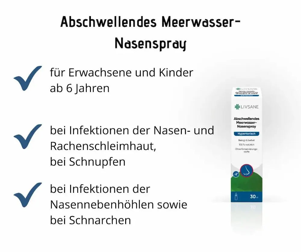 Infografik zum LIVSANE Abschwellenden Meerwasser-Nasenspray, hypertonisch, 30 ml, mit Hinweisen für Erwachsene und Kinder ab 6 Jahren bei Schnupfen und Schnarchen