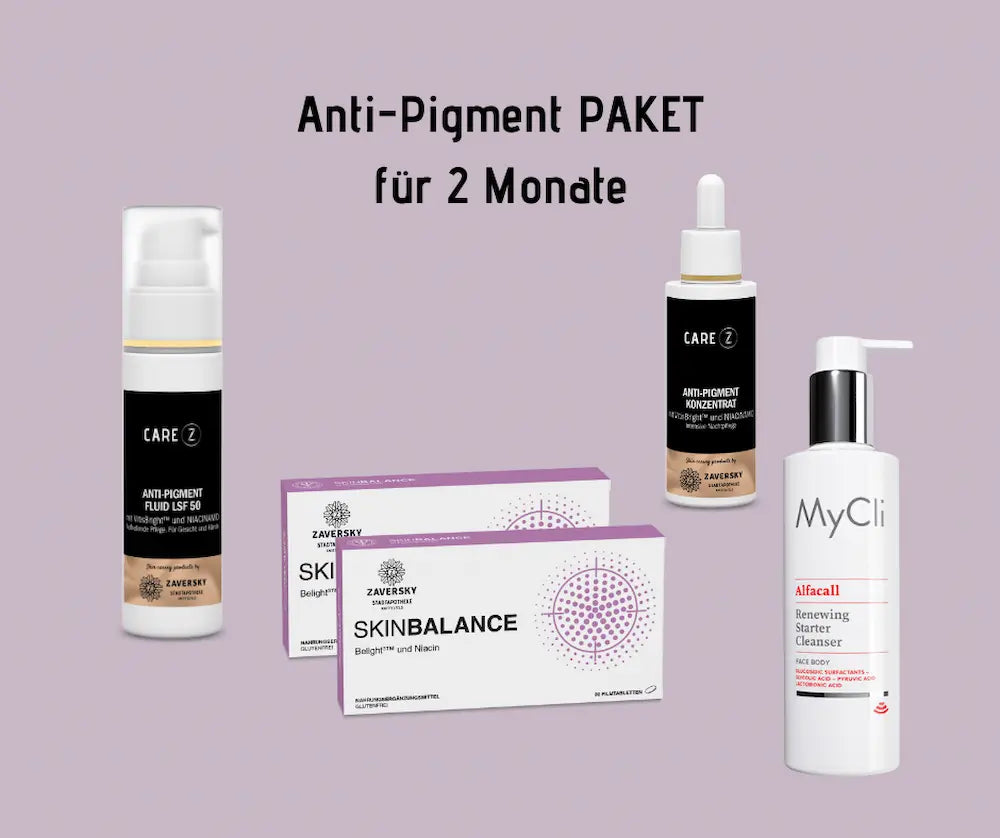 Anti-Pigment Paket für 2 Monate mit Care Z Anti-Pigment Fluid LSF 50, Konzentrat, Zaversky Skinbalance und MyCli Alfacall Cleanser