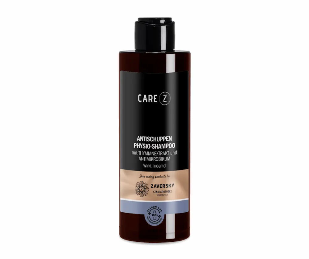 Care Z Antischuppen Physio-Shampoo mit Thymianextrakt und Antimikrobikum in brauner Flasche mit schwarzem Etikett, Vorderansicht