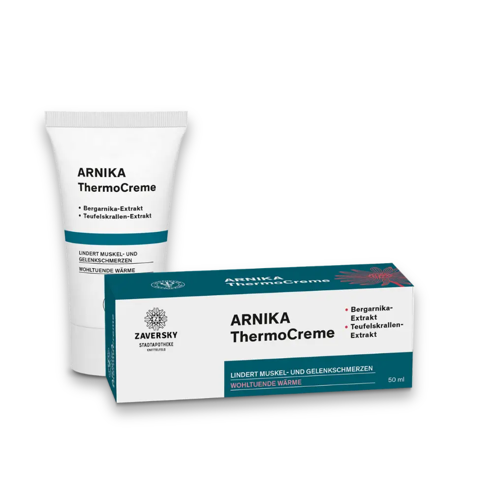 Zaversky Arnika ThermoCreme, weiße Tube und Verpackung mit petrolfarbenem Etikett, Bergarnika- und Teufelskrallen-Extrakt, 50 ml