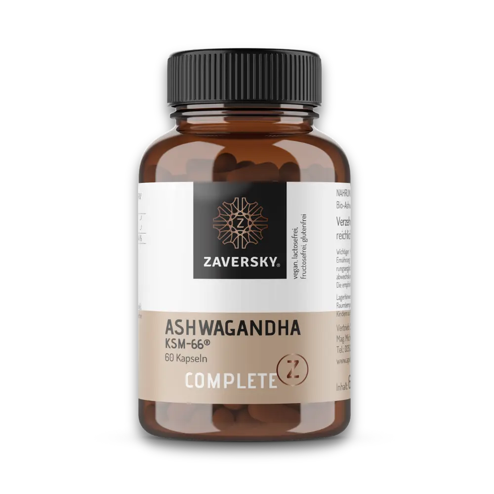 Zaversky Complete Z Ashwagandha KSM-66 Kapseln in brauner Dose mit schwarzem Deckel, 60 Kapseln.