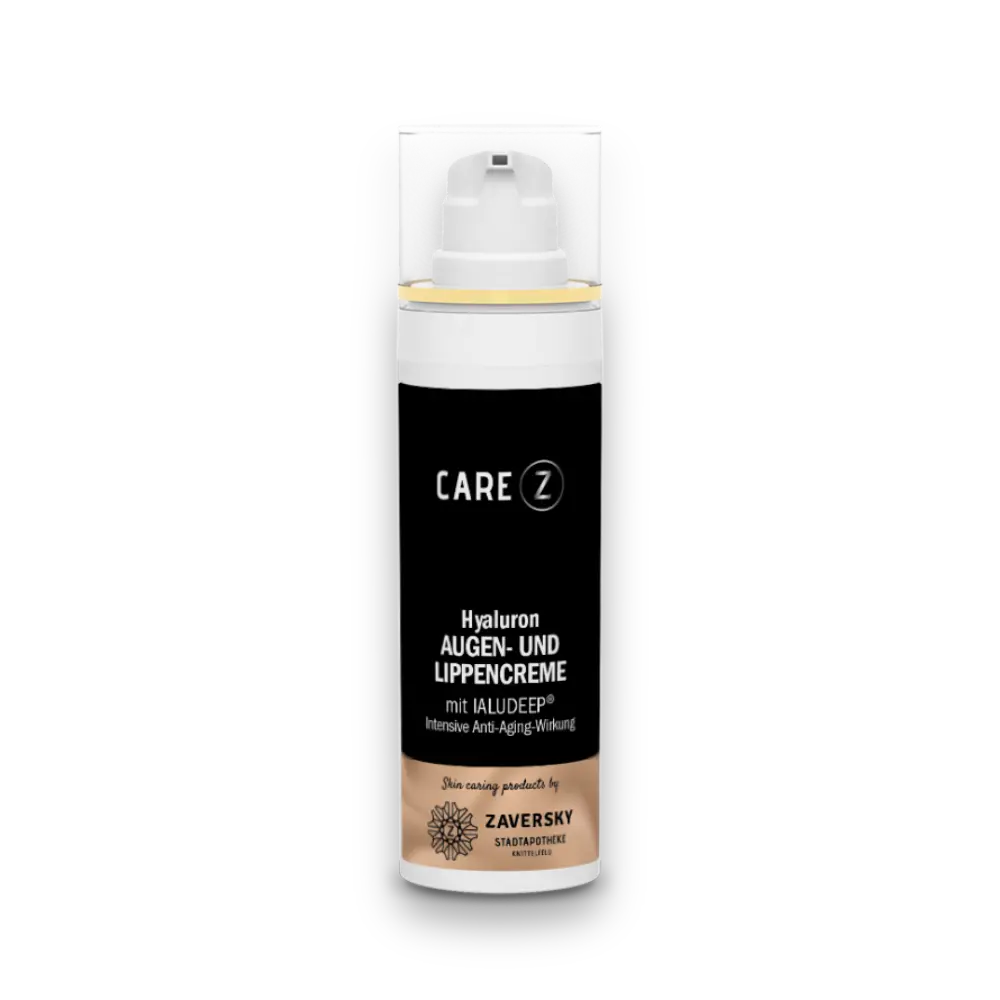 CARE Z Hyaluron Augen- und Lippencreme mit IALUDEEP, weißer Pumpspender, schwarz-beiges Etikett von Zaversky.