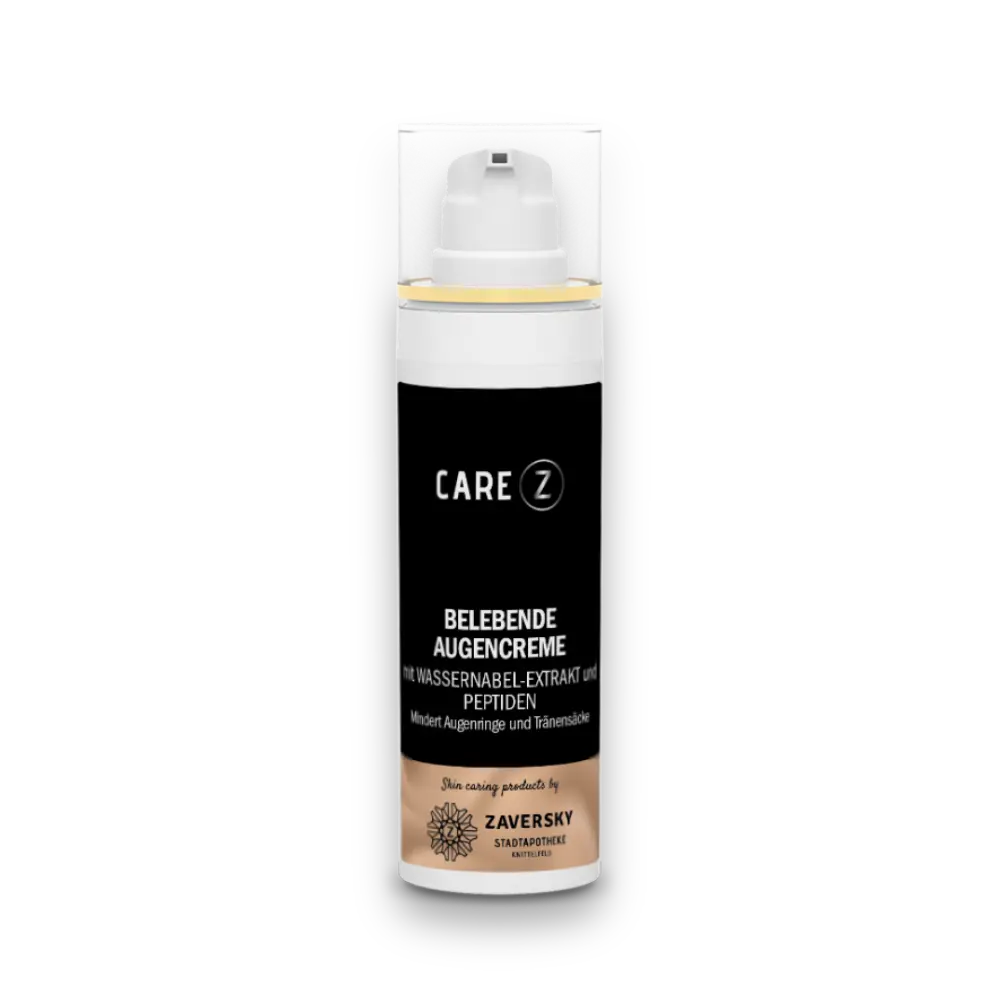 CARE Z Belebende Augencreme mit Wassernabel-Extrakt und Peptiden, weißer Pumpspender mit schwarzem Etikett, Zaversky Stadtapotheke Knittelfeld.