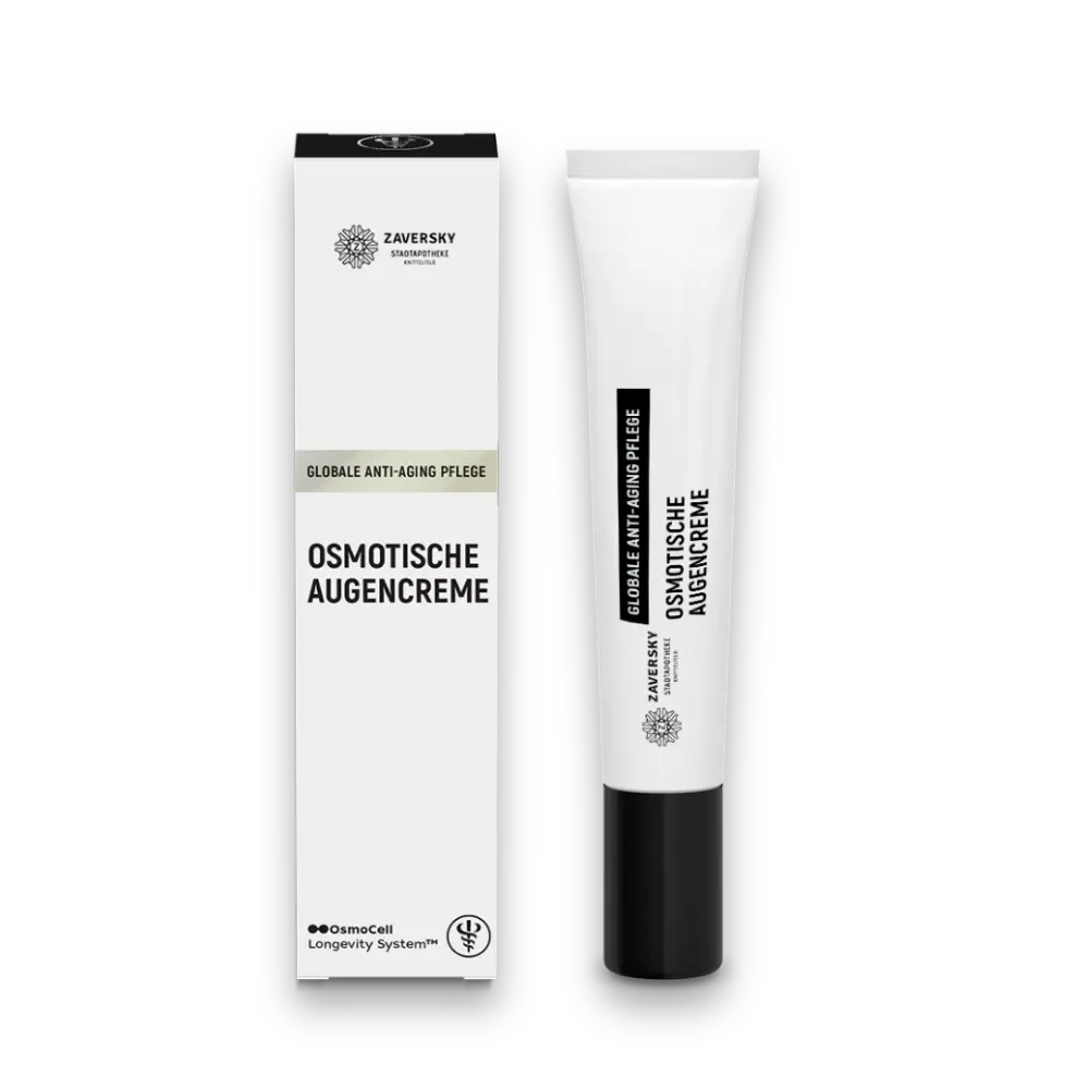 Zaversky Osmotische Augencreme, weiße Tube mit schwarzem Deckel neben Verpackung, Aufschrift „Globale Anti-Aging Pflege"