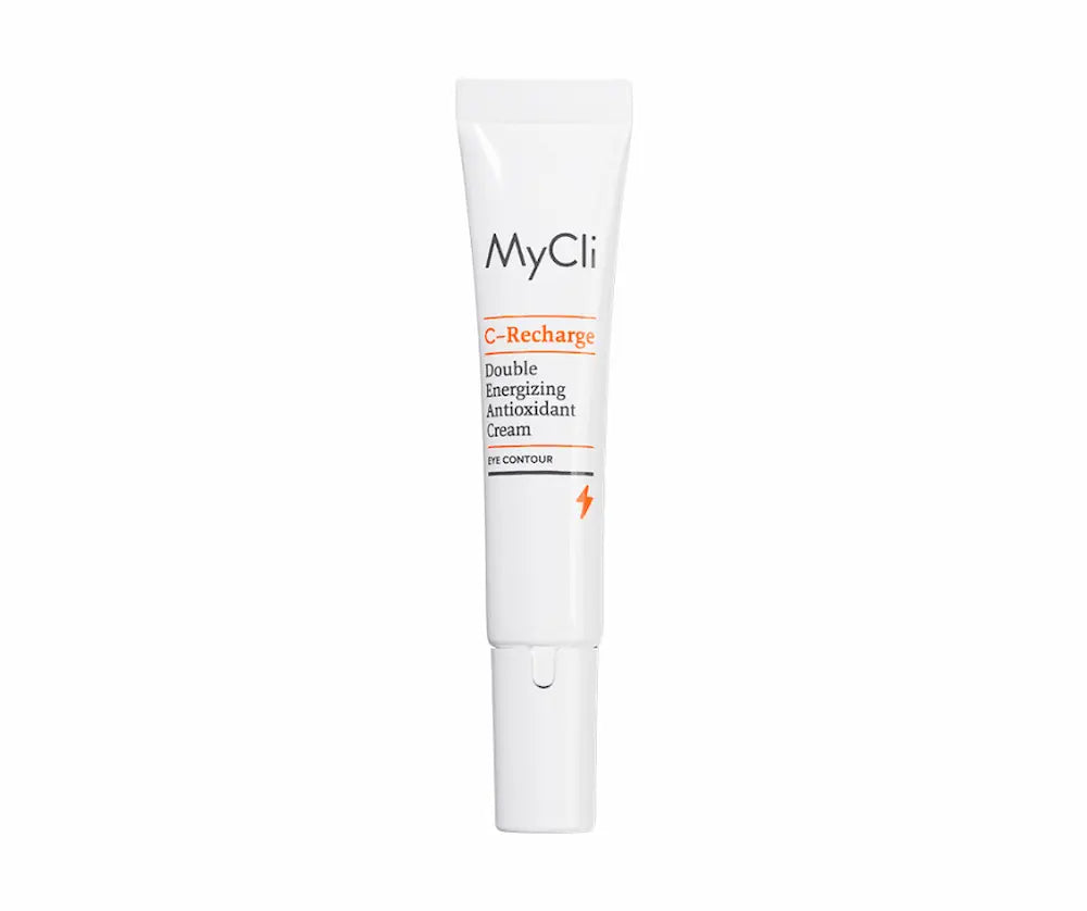 MyCli C-Recharge Double Energizing Antioxidant Cream Eye Contour in weißer Tube mit orangefarbenen Details, Vorderansicht