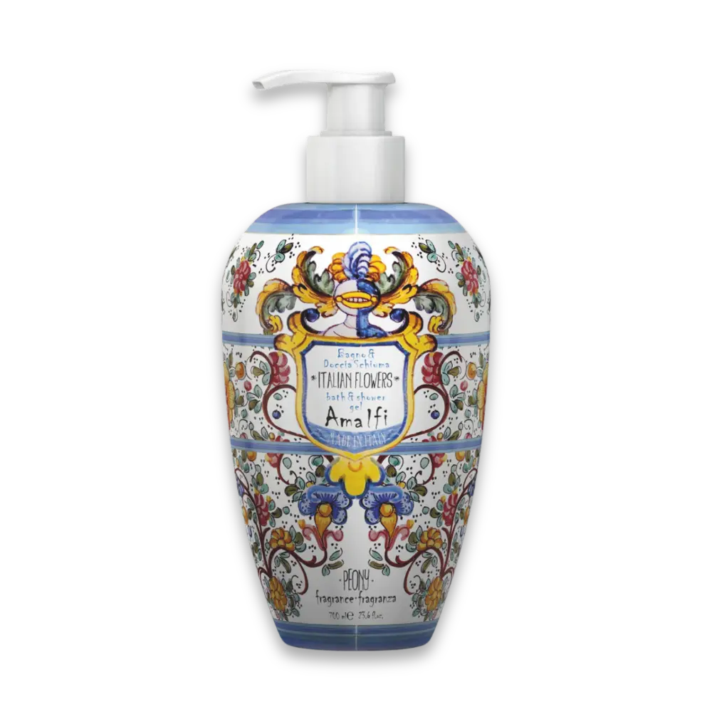 Italian Flowers Bade- und Duschgel „Amalfi“ im weißen Pumpspender mit buntem Blumen-Dekor, Duft Peony, 700 ml
