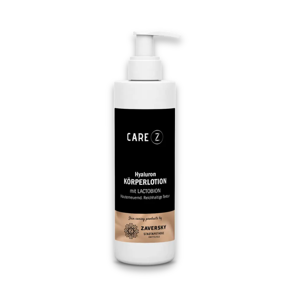 CARE Z Hyaluron Körperlotion mit Lactobion in weißer Pumpflasche, schwarzes Etikett, Zaversky Stadtapotheke Knittelfeld.