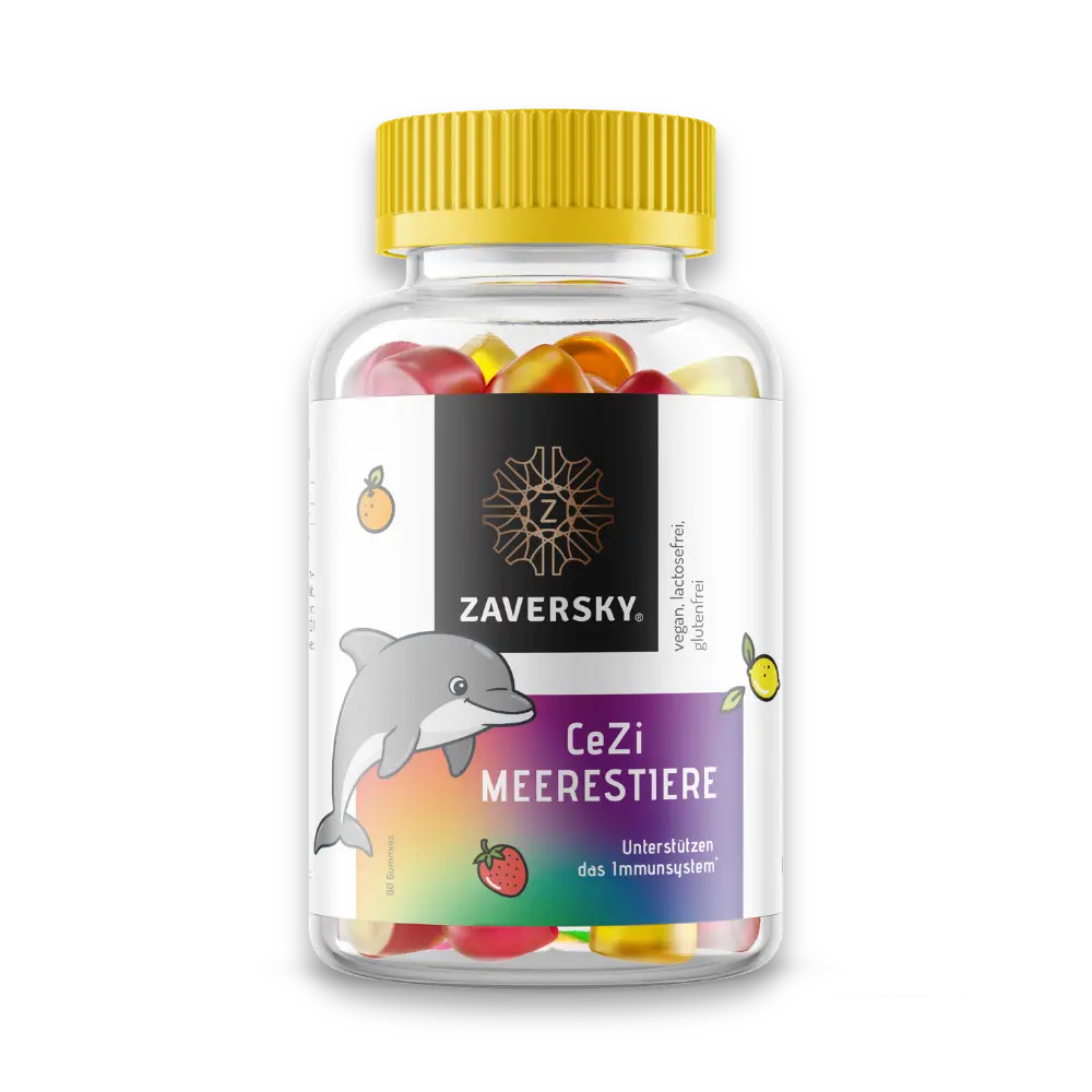 Zaversky CeZi Meerestiere Fruchtgummis, Dose mit gelbem Deckel, Delfin-Motiv, unterstützt das Immunsystem, vegan und glutenfrei.