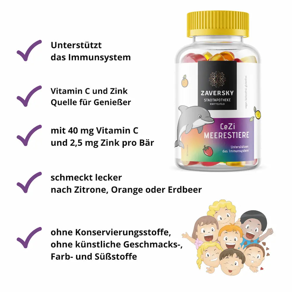 Zaversky CeZi Meerestiere Gummibärchen mit Vitamin C und Zink – Infografik zu Immunsystem, Dosierung und Geschmacksrichtungen für Kinder.