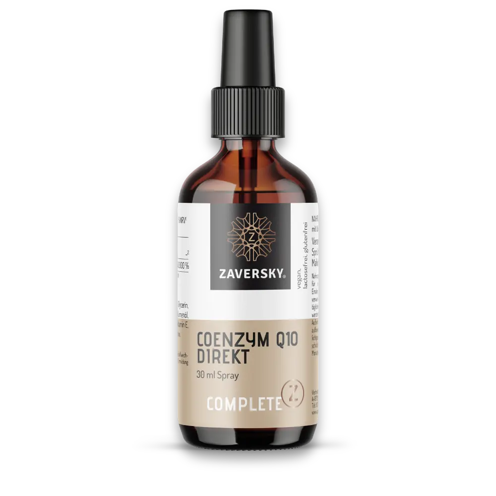 Zaversky Coenzym Q10 Direkt Complete 30 ml Spray in brauner Glasflasche mit schwarzem Sprühkopf, Vorderansicht