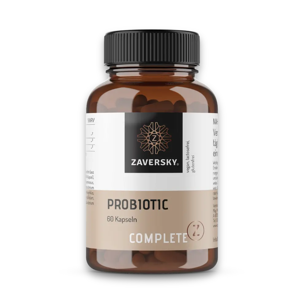 Complete Z Probiotic von Zaversky, braune Kapseldose mit schwarzem Deckel, 60 Kapseln, vegan und laktosefrei.