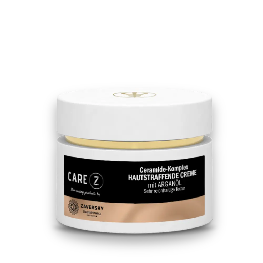 CARE Z Hautstraffende Creme mit Ceramide-Komplex und Arganöl von Zaversky, weißer Cremetiegel mit schwarz-goldenem Etikett.