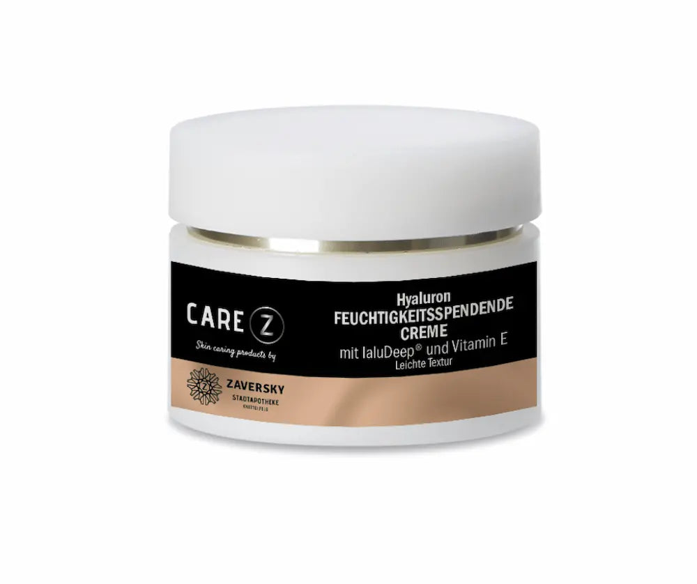 CARE Z Hyaluron feuchtigkeitsspendende Creme der Stadtapotheke Zaversky im weißen Tiegel mit schwarz-beigem Etikett, mit IaluDeep und Vitamin E