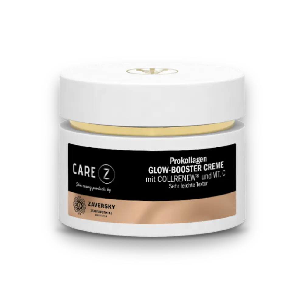 Weißer Cremetiegel CARE Z Prokollagen Glow-Booster Creme mit Collrenew und Vitamin C, schwarzes Etikett, Zaversky Stadtapotheke, Vorderansicht