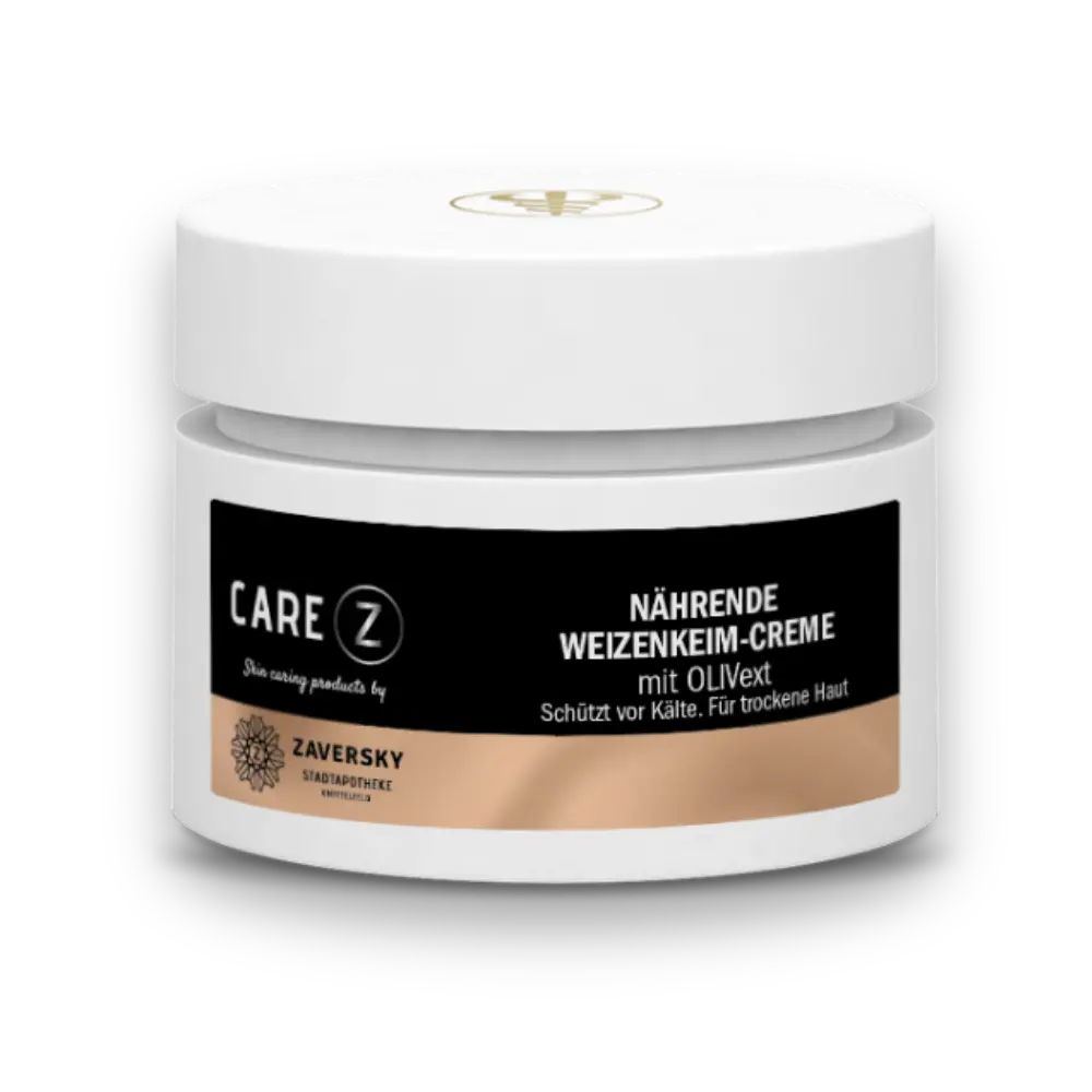 Weißer Cremetiegel CARE Z Nährende Weizenkeim-Creme mit OLIVext von Zaversky, schwarzes Etikett, Vorderansicht