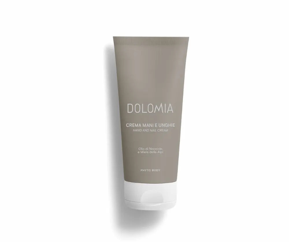 Dolomia Crema Mani e Unghie Hand- und Nagelcreme in taupefarbener Tube mit weißem Schraubverschluss, Phyto Body Linie