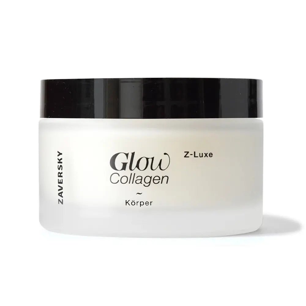 Zaversky Glow Collagen Körpercreme Z-Luxe im weißen Milchglas-Tiegel mit schwarzem Deckel, Vorderansicht