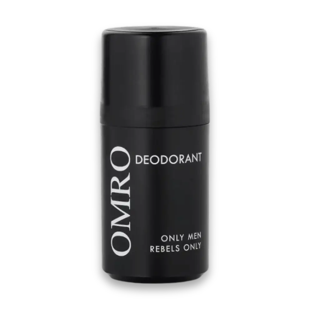 OMRO Deodorant in schwarzer Roll-on-Flasche mit weißer Aufschrift „Only Men Rebels Only“, Vorderansicht