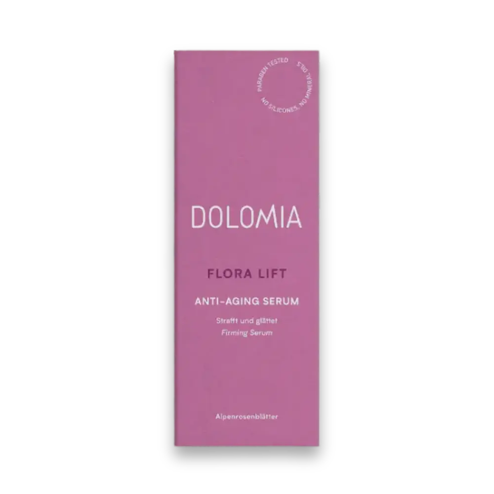 Dolomia Flora Lift Anti-Aging Serum in lila Faltschachtel, strafft und glättet mit Alpenrosenblättern, Vorderansicht