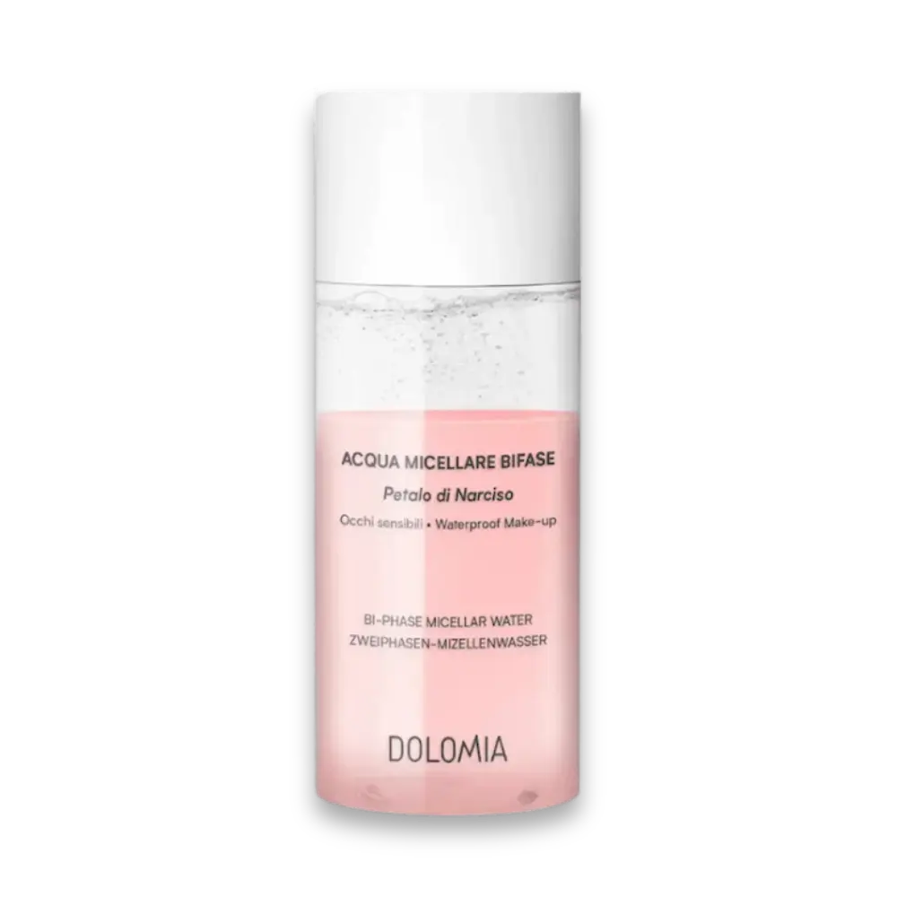 Dolomia Acqua Micellare Bifase Zweiphasen-Mizellenwasser in transparenter Flasche mit rosa Phase und weißem Deckel, Vorderansicht