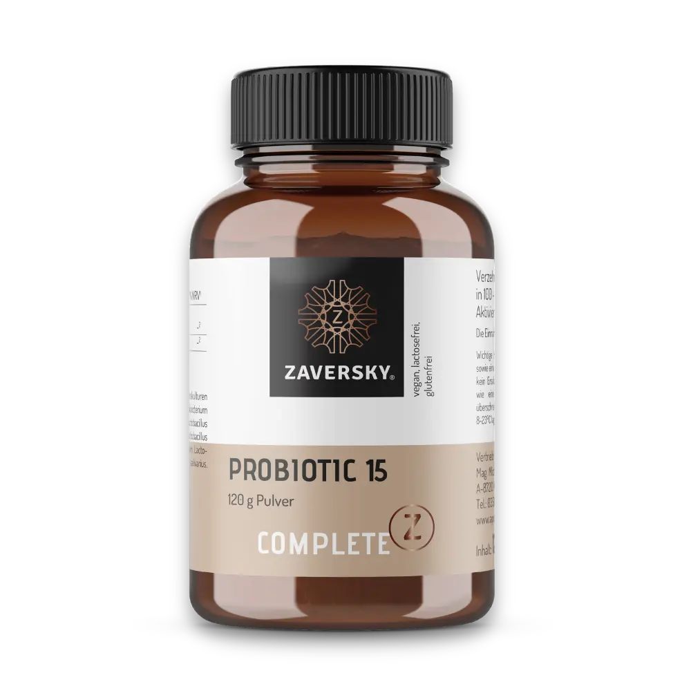 Zaversky Complete Z Probiotic 15 Pulver, 120 g, braune Dose mit schwarzem Deckel und beigem Etikett, vegan, laktose- und glutenfrei.