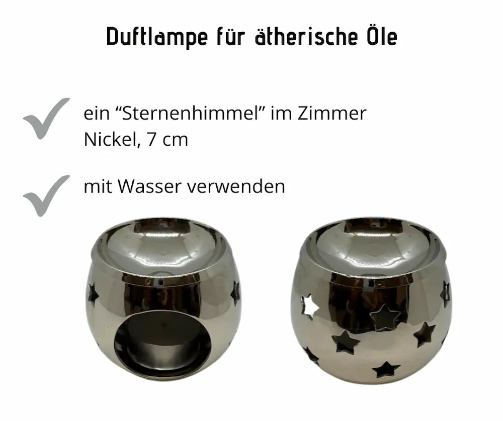 Duftlampe für ätherische Öle in Nickel-Silber mit Sternen-Ausschnitten, runde Form, 7 cm, zur Verwendung mit Wasser – Zaversky Stadtapotheke Knittelfeld