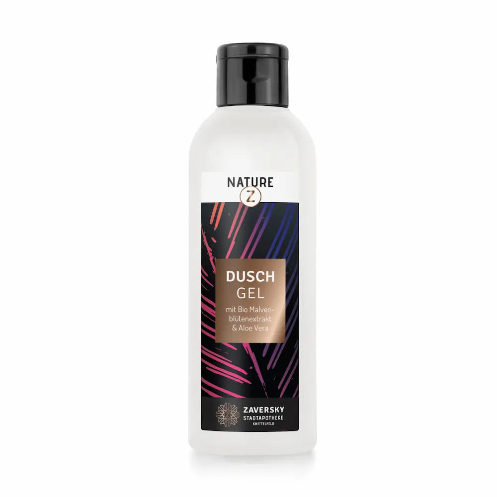 Nature Z Duschgel mit Bio Malvenblütenextrakt und Aloe Vera in weißer Flasche mit schwarzem Deckel, Zaversky Stadtapotheke Knittelfeld