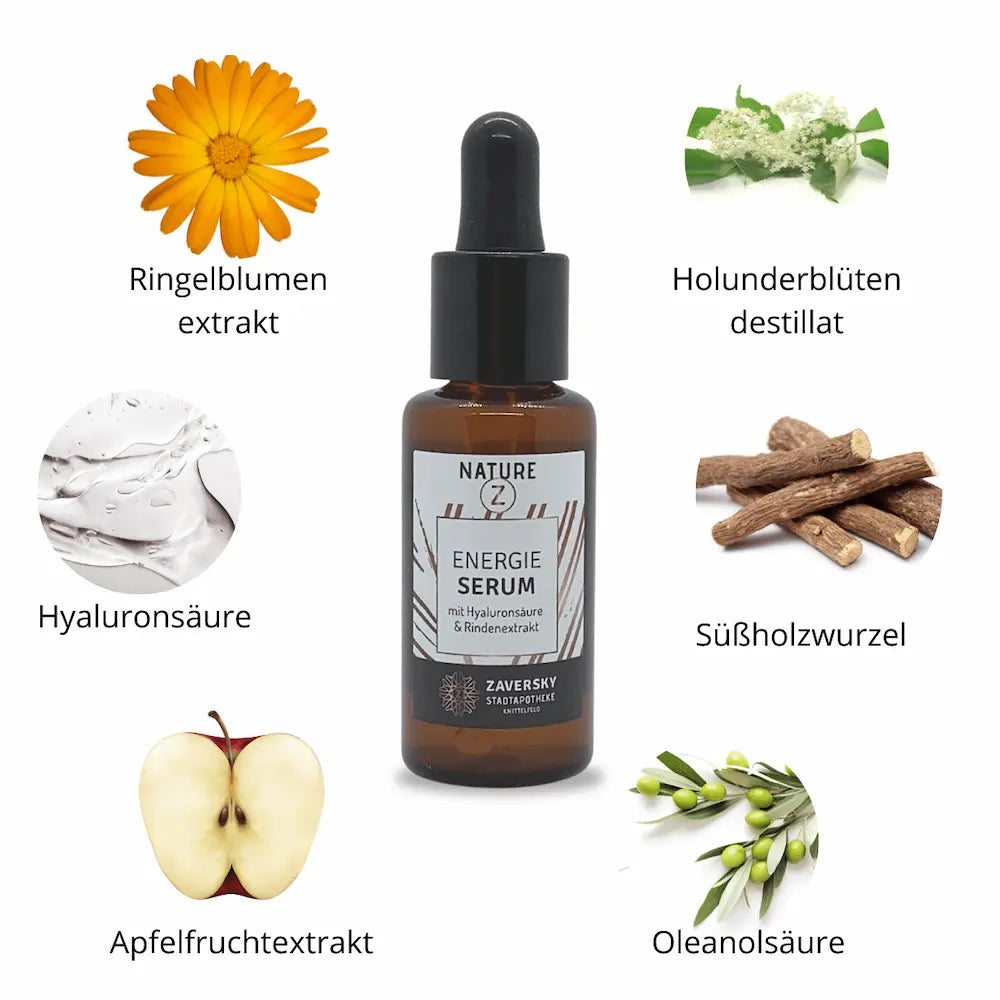 NATURE Z Energie Serum in brauner Tropfflasche, umgeben von Zutaten wie Ringelblume, Holunderblüte, Apfel und Süßholzwurzel.
