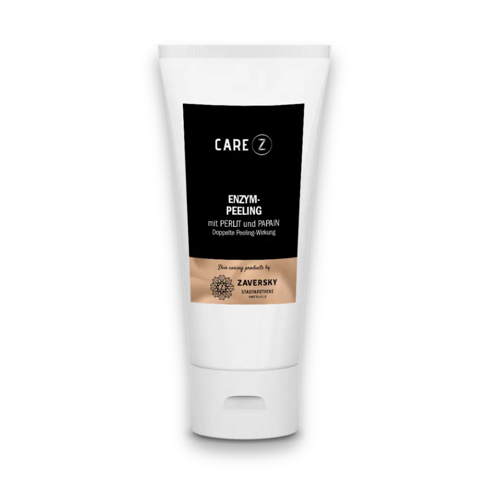 CARE Z Enzym-Peeling in weißer Tube mit schwarzem Etikett, mit Perlit und Papain, für doppelte Peeling-Wirkung, Vorderansicht