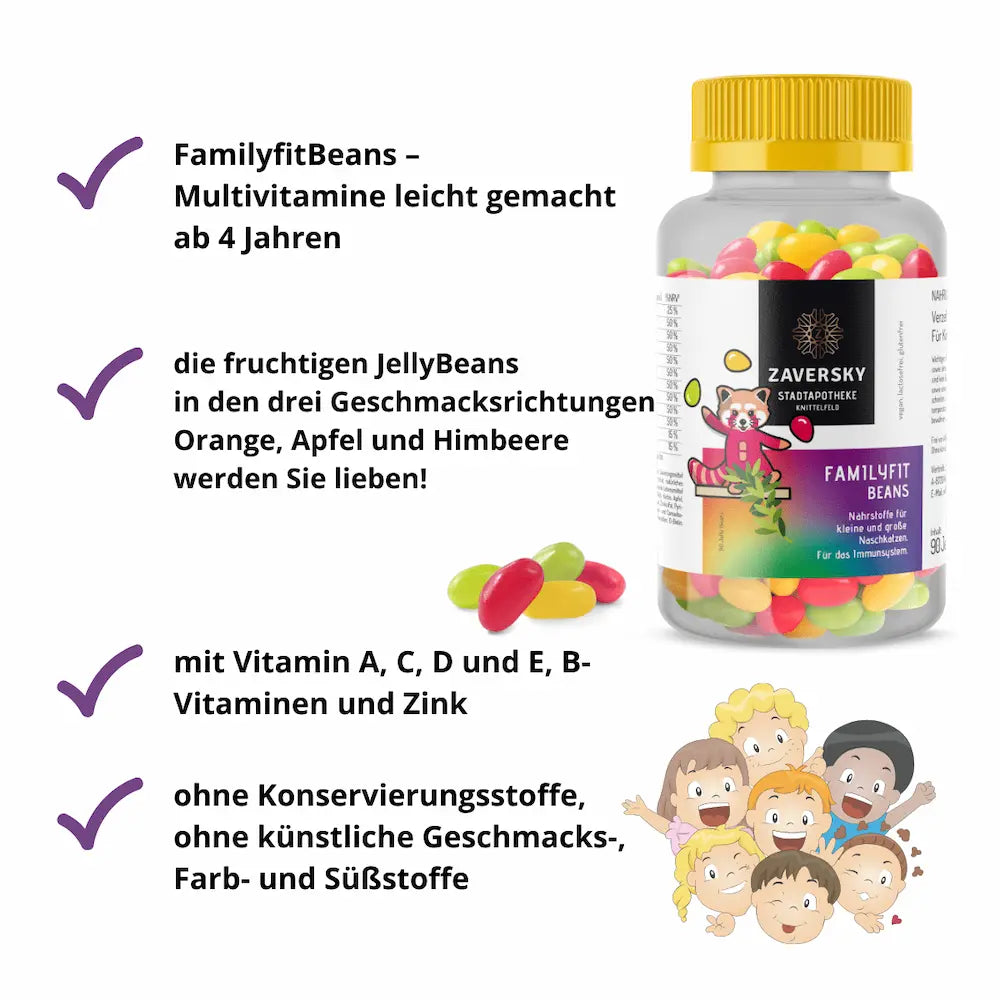 Zaversky FamilyFit Beans Infografik mit Produktdose, Jelly Beans in Orange, Apfel und Himbeere sowie Vorteilen für Kinder ab 4 Jahren.