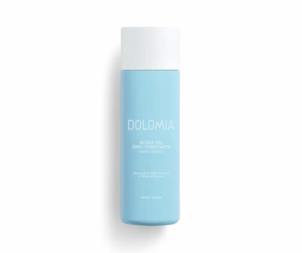 Dolomia Acqua Gel Idro-Tonificante Hydro Essence in hellblauer Flasche mit weißem Deckel, Phyto Detox, Vorderansicht