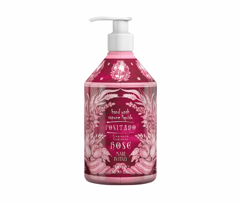 Flüssige Handseife Positano Rose in pinker Pumpflasche mit floralem Dekor, 500 ml, Made in Italy, Vorderansicht
