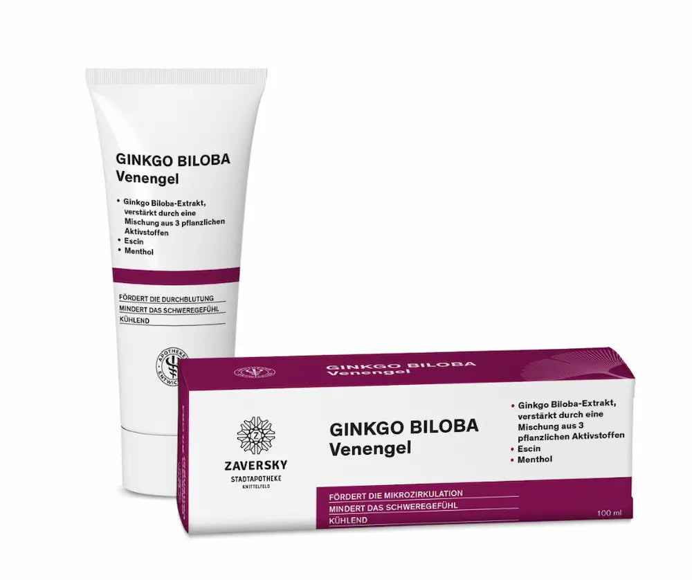 Ginkgo Biloba Venengel als weiße Tube und bordeauxfarbene Faltschachtel von Zaversky Stadtapotheke, 100 ml, Vorderansicht