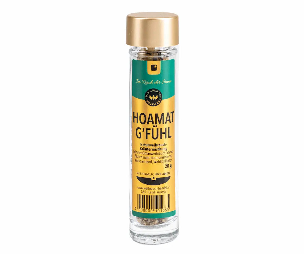 Glasflasche mit goldenem Deckel und grün-goldenem Etikett „HOAMAT G'FÜHL", Naturweihrauch-Kräutermischung, 20 g, Vorderansicht