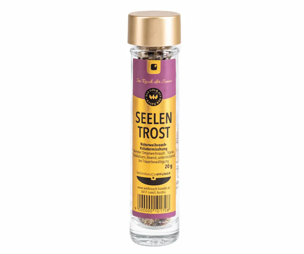 Glasröhrchen mit Goldverschluss und lila-goldenem Etikett „Seelen Trost“ Naturweihrauch-Kräutermischung 20 g, Kräuter sichtbar, Vorderansicht