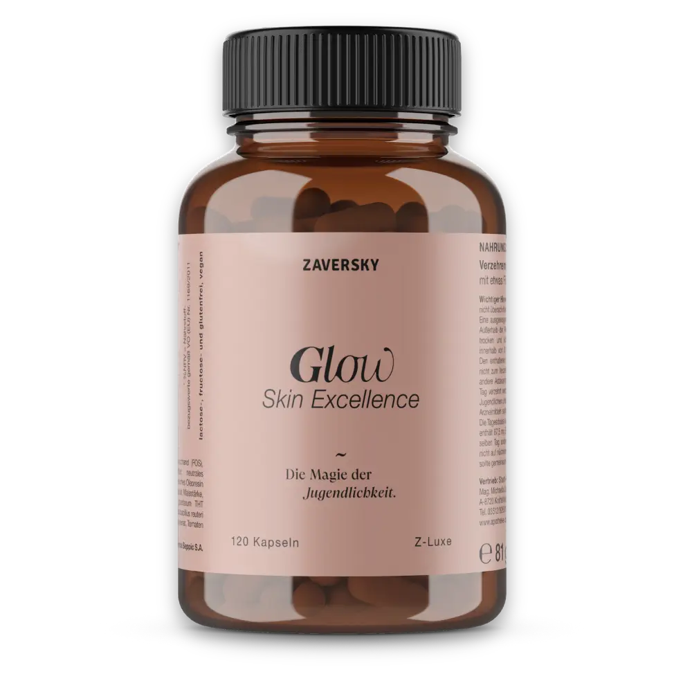 Zaversky Glow Skin Excellence Kapseln in Braunglas mit roséfarbenem Etikett, 120 Kapseln, laktose-, fructose- und glutenfrei, vegan, Z-Luxe