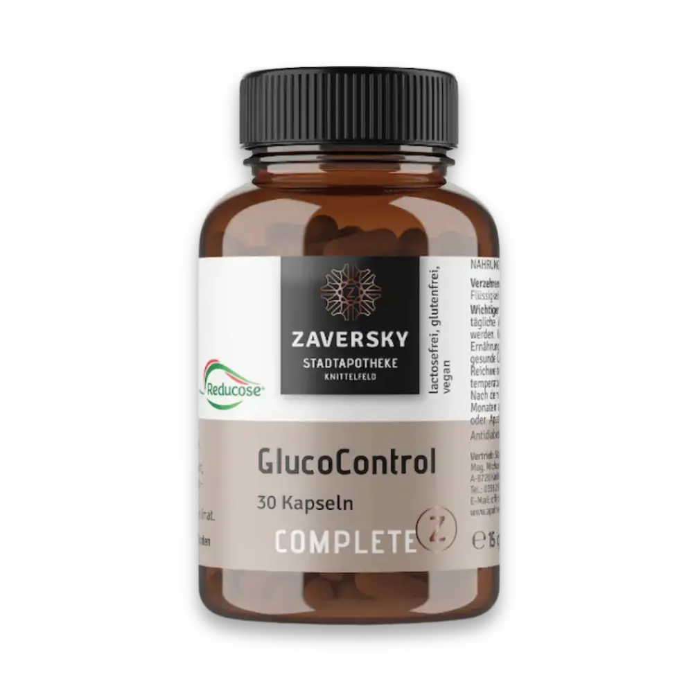 GlucoControl Complete mit 30 Kapseln in brauner Glasflasche mit schwarzem Deckel, Zaversky Stadtapotheke Knittelfeld, laktosefrei, glutenfrei, vegan