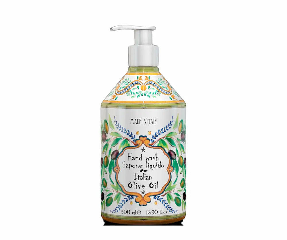Flüssige Handseife Italian Olive Oil in 500 ml Pumpflasche mit dekorativem Oliven-Motiv, Made in Italy