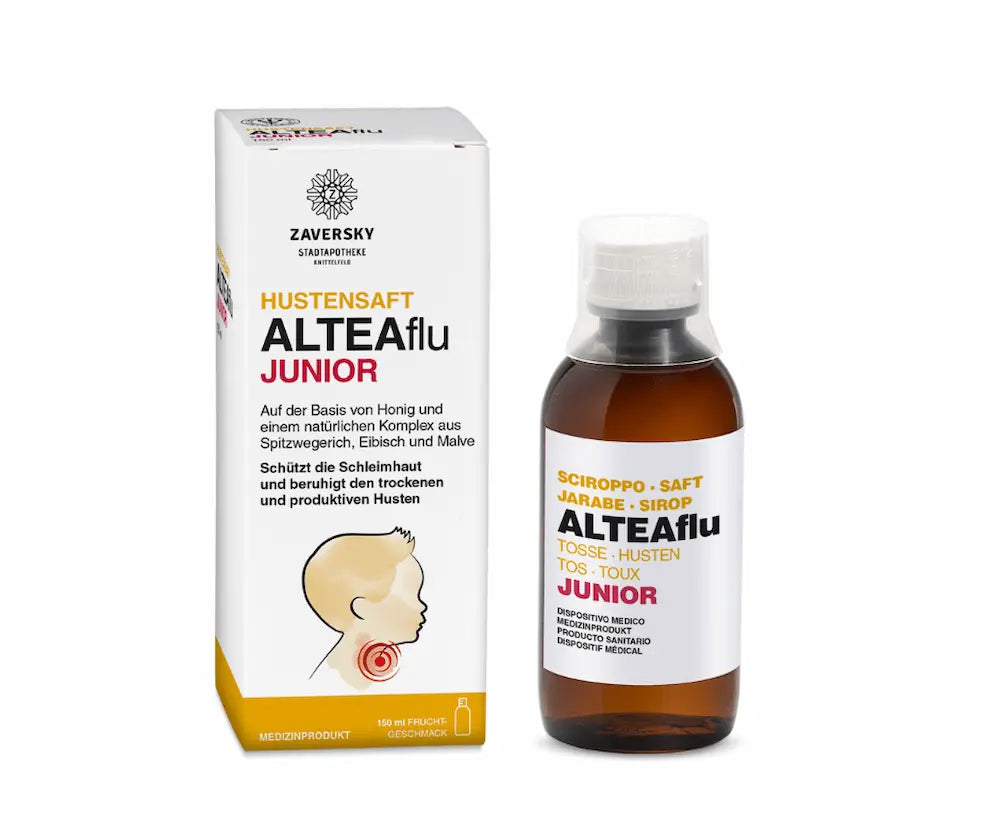 ALTEAflu Junior Hustensaft in brauner Glasflasche mit weißer Verschlusskappe neben weißer Faltschachtel mit Zaversky Stadtapotheke Logo, 150 ml Fruchtgeschmack