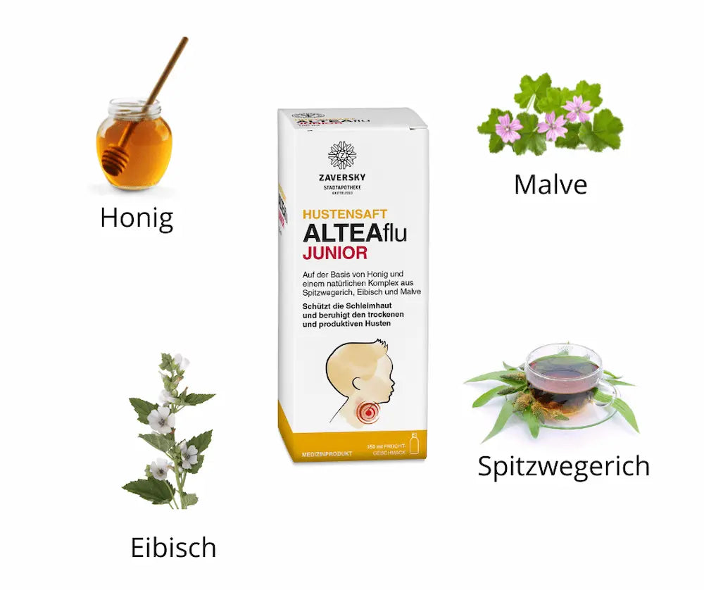 ALTEAflu Junior Hustensaft Verpackung der Apotheke Zaversky mit Abbildungen der Inhaltsstoffe Honig, Malve, Eibisch und Spitzwegerich