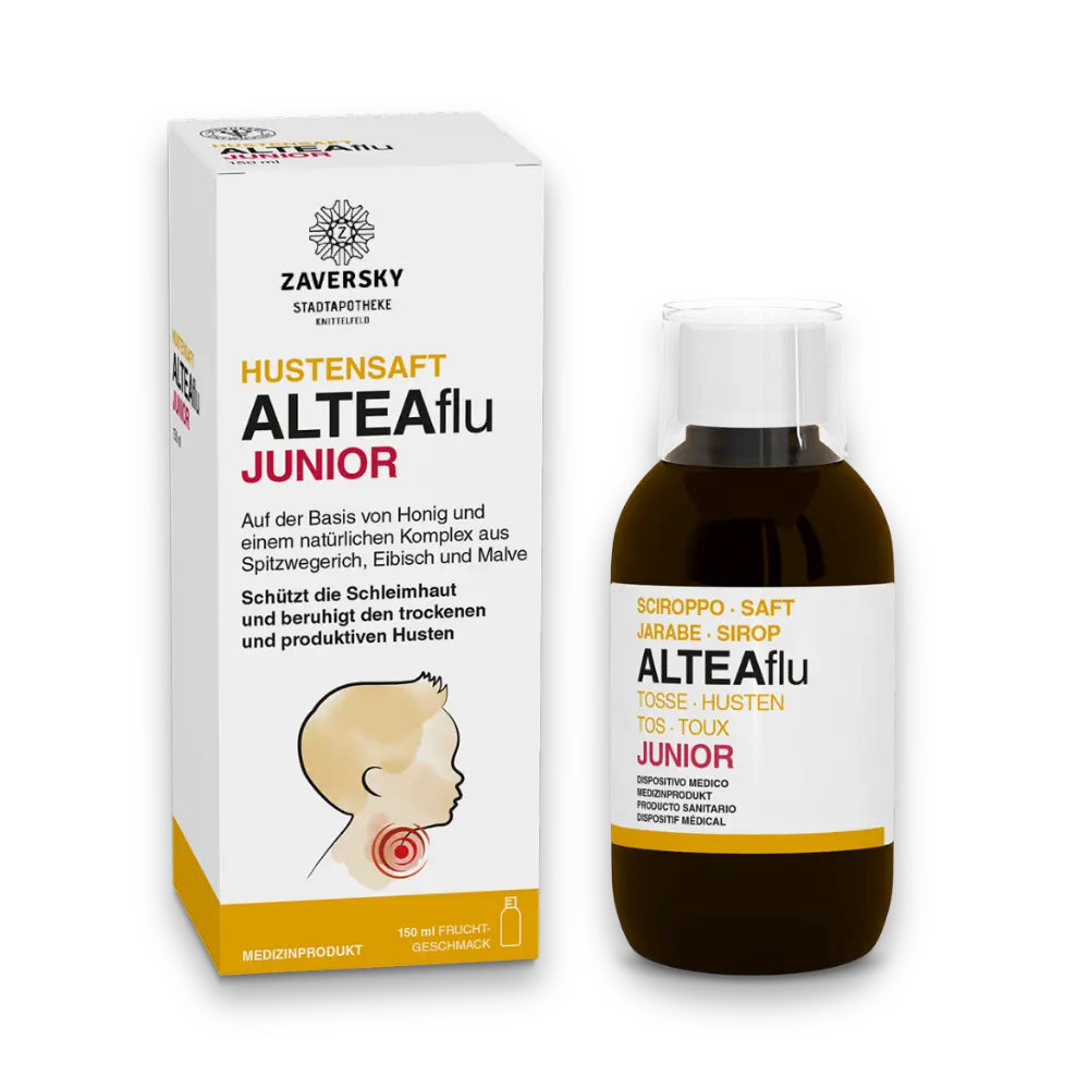 ALTEAflu Junior Hustensaft von Zaversky, weiße Faltschachtel neben brauner Flasche mit weißem Verschluss, 150 ml