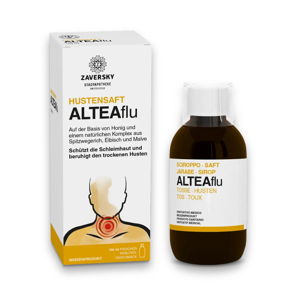 Hustensaft ALTEAflu von Zaversky, weiße Faltschachtel und braune Flasche mit weißem Verschluss, 150 ml Medizinprodukt