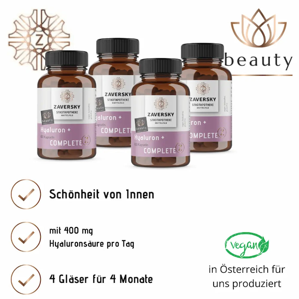 Vier braune Glasflaschen Zaversky Hyaluron + Complete mit je 60 Kapseln, lila Etikett, Hinweise zu 400 mg Hyaluronsäure pro Tag und vegan