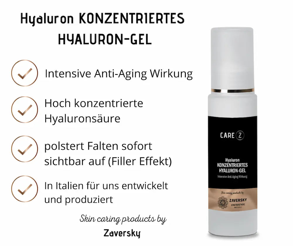 CARE Z Hyaluron Konzentriertes Hyaluron-Gel mit Infografik zu Anti-Aging-Wirkung, Hyaluronsäure-Konzentration und Herkunft aus Italien.