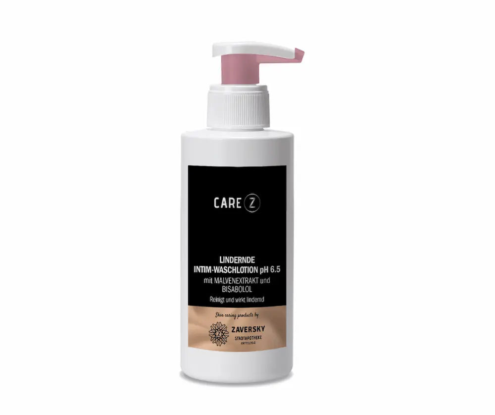CARE Z Lindernde Intim-Waschlotion pH 6.5 von Zaversky in weißer Pumpflasche mit rosa Spender und schwarzem Etikett