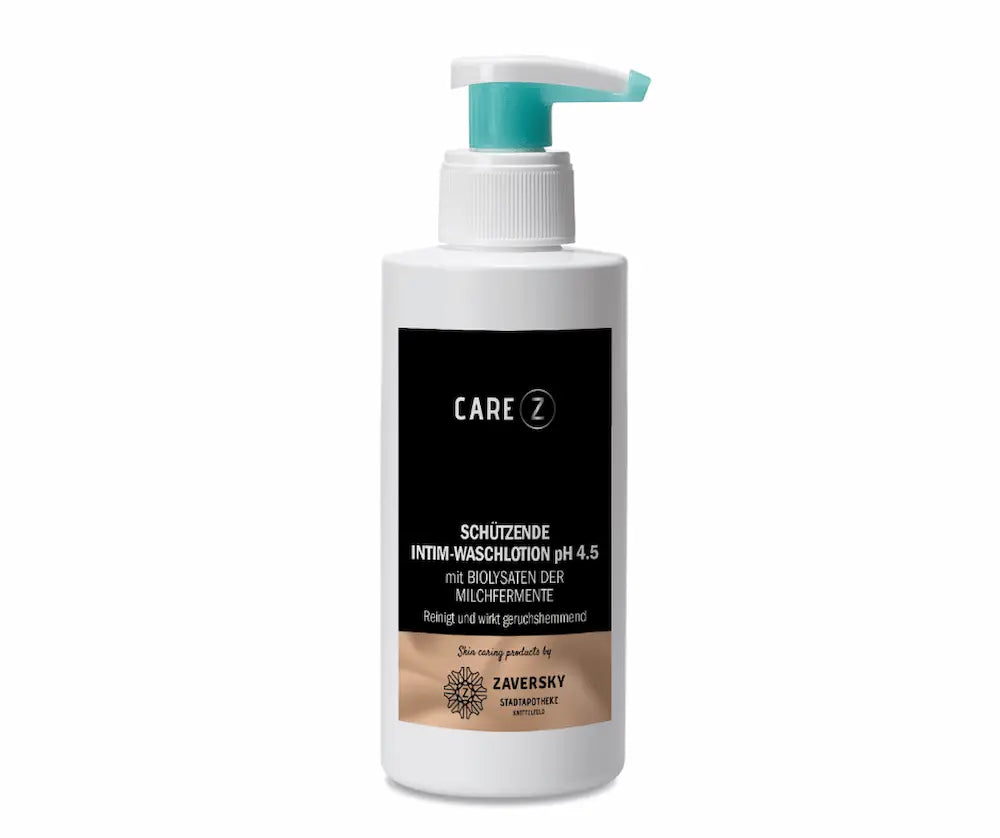 CARE Z Schützende Intim-Waschlotion pH 4.5 in weißer Pumpflasche mit schwarzem Etikett, mit Biolysaten der Milchfermente